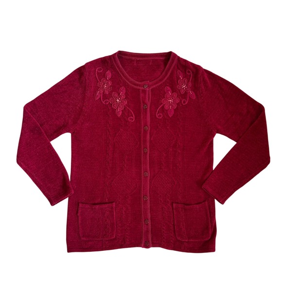 American Vintage Sweaters - VTG Berry wine Red button down embroidered burgandy floral beaded cardigan M